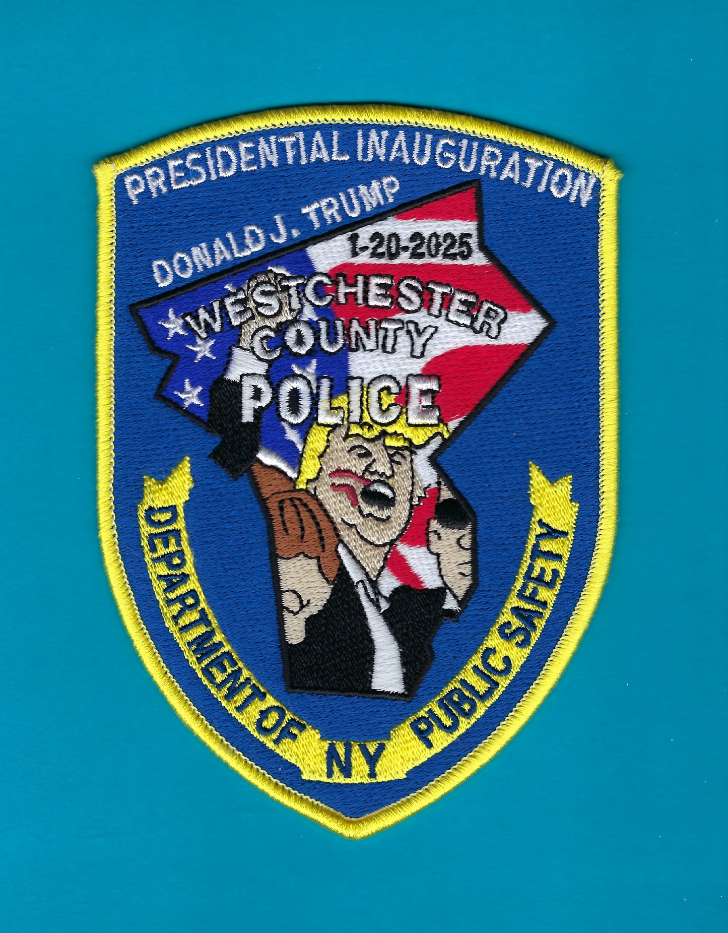 WESTCHESTER COUNTY, NEW YORK POLICE DEPARTMENT (WCPD) 5.25 INCH TRUMP 2025 INAUGURATION EMBROIDERED PATCH DESIGNED AND PRODUCED BY UNDERDOG PATCH PRODUCTIONS.