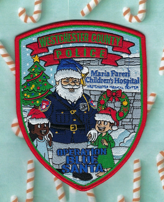 WESTCHESTER COUNTY, NEW YORK POLICE DEPARTMENT (WCPD) OPERATION BLUE SANTA FUND-RAISER EMBROIDERED CHRISTMAS PATCH DESIGNED AND PRODUCED BY UNDERDOG PATCH PRODUCTIONS.