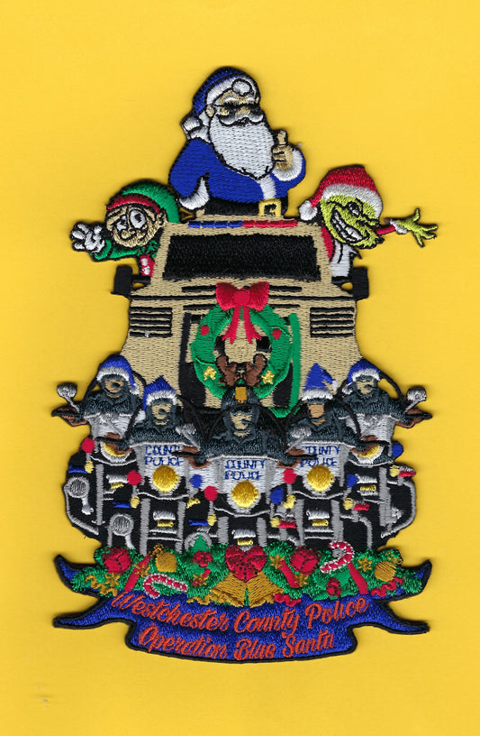 WESTCHESTER COUNTY, NEW YORK POLICE DEPARTMENT (WCPD) OPERATION BLUE SANTA FUND-RAISER EMBROIDERED CHRISTMAS PATCH DESIGNED AND PRODUCED BY UNDERDOG PATCH PRODUCTIONS