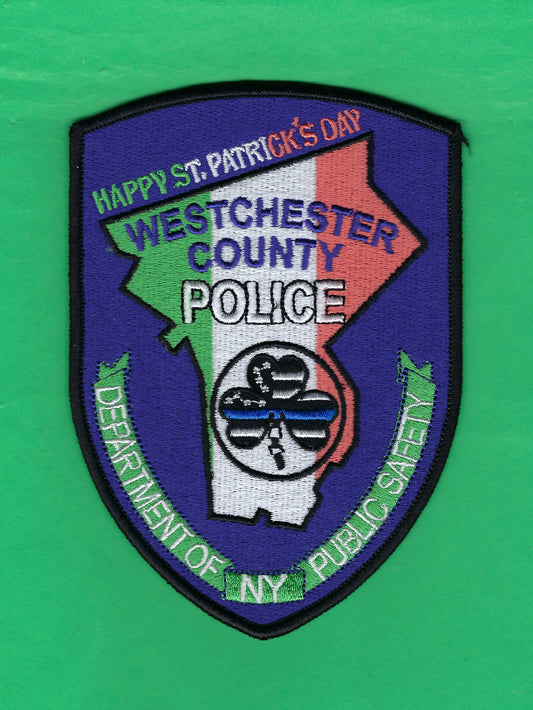 WESTCHESTER COUNTY, NEW YORK POLICE DEPARTMENT (WCPD) 5.25 INCH HAPPY SAINT PATRICK'S DAY EMBROIDERED PATCH DESIGNED AND PRODUCED BY UNDERDOG PATCH PRODUCTIONS.