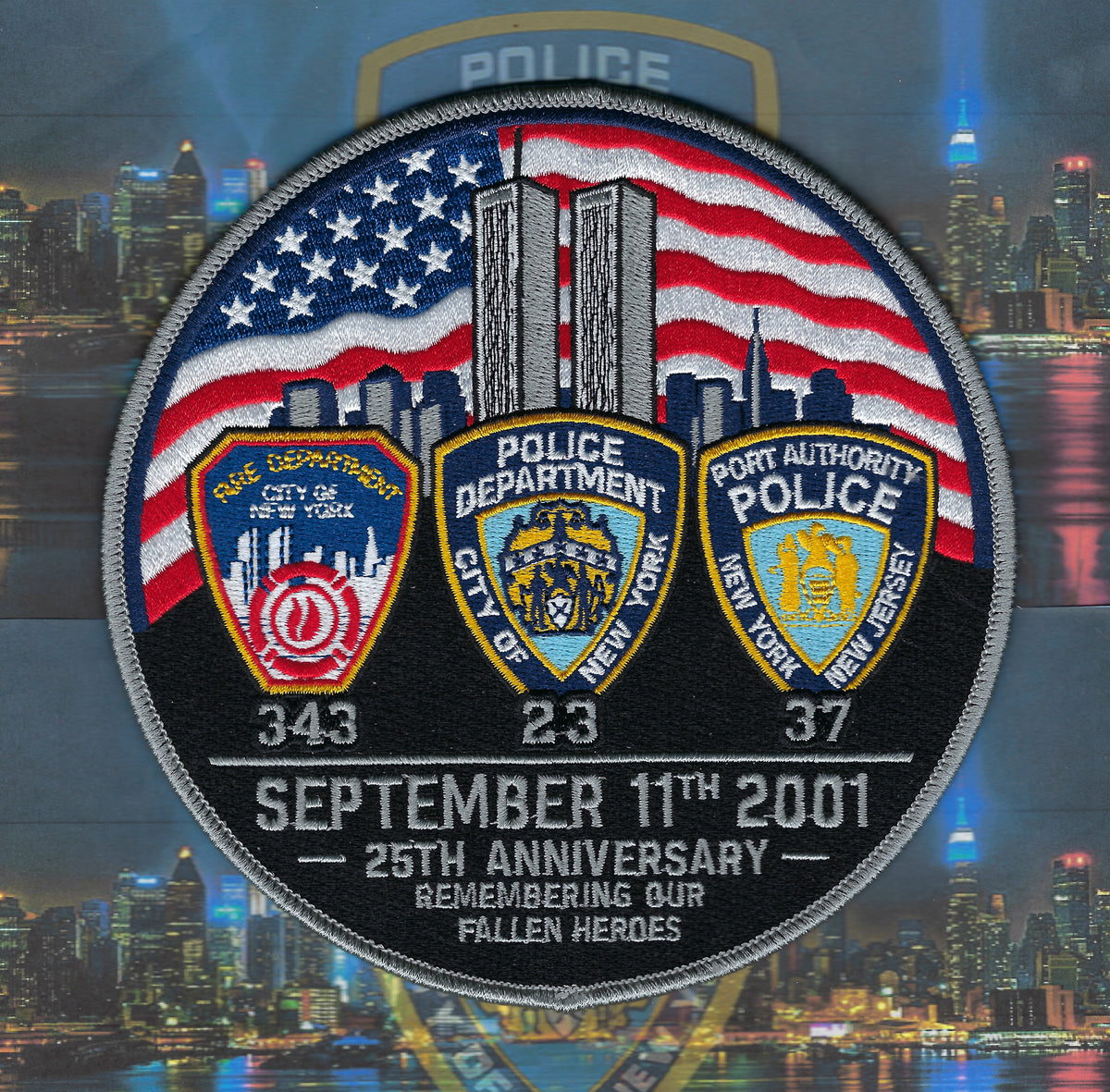 WORLD TRADE CENTER '9-11-01 25TH ANNIVERSARY' TRI-SHIELD REMBROIDERED TRIBUTE PATCH DESIGNED AND PRODUCED BY UNDERDOG PATCH PRODUCTIONS