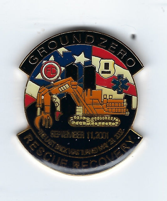 WORLD TRADE CENTER RESCUE AND RECOVERY 1.25 INCH 09-11-01 TRIBUTE PIN BY PUBLIC SAFETY COLLECTIBLES.