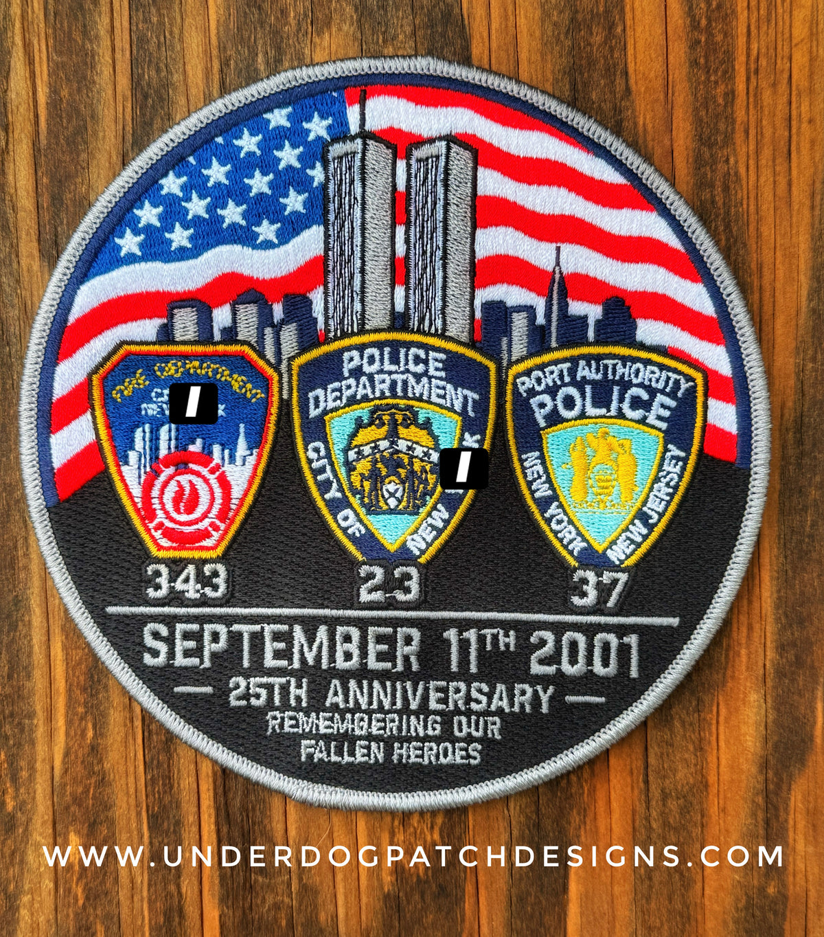 WORLD TRADE CENTER 9-11-01 TRI-SHIELD ( FDNY, NYPD, PAPD ) EMBROIDERED REMEMBRANCE PATCH BY UNDERDOG PATCH PRODUCTIONS
