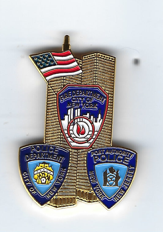 WORLD TRADE CENTER TWIN TOWERS TRI-SHIELD 1.25 INCH 09-11-01 TRIBUTE PIN B BY PUBLIC SAFETY COLLECTIBLES