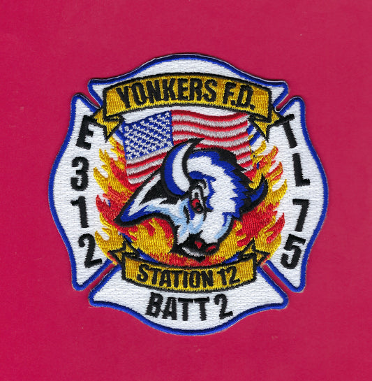YONKERS, NEW YORK FIRE DEPARTMENT (YFD) 4-INCH ENGINE 312 - TOWER LADDER 75 EMBROIDERED PATCH BY EAGLE EMBLEMS.&nbsp;