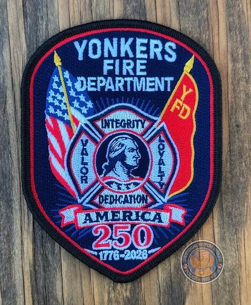 YONKERS, NEW YORK FIRE DEPARTMENT (YFD) 'USA 250TH ANNIVERSARY' EMBROIDERED PATCH BY UNDERDOG PATCH PRODUCTIONS.