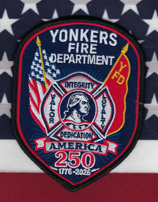 YONKERS, NEW YORK FIRE DEPARTMENT (YFD) 'USA 250TH ANNIVERSARY' EMBROIDERED PATCH BY UNDERDOG PATCH PRODUCTIONS.