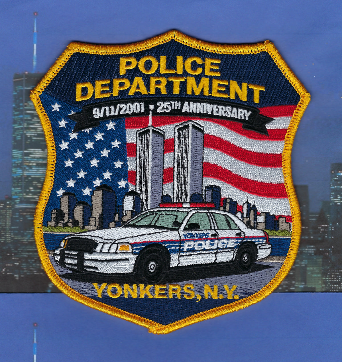 YONKERS, NEW YORK (WESTCHESTER COUNTY) POLICE DEPT 'WORLD TRADE CENTER 9-11-01 25TH ANNIVERSARY' EMBROIDERED PATCH.