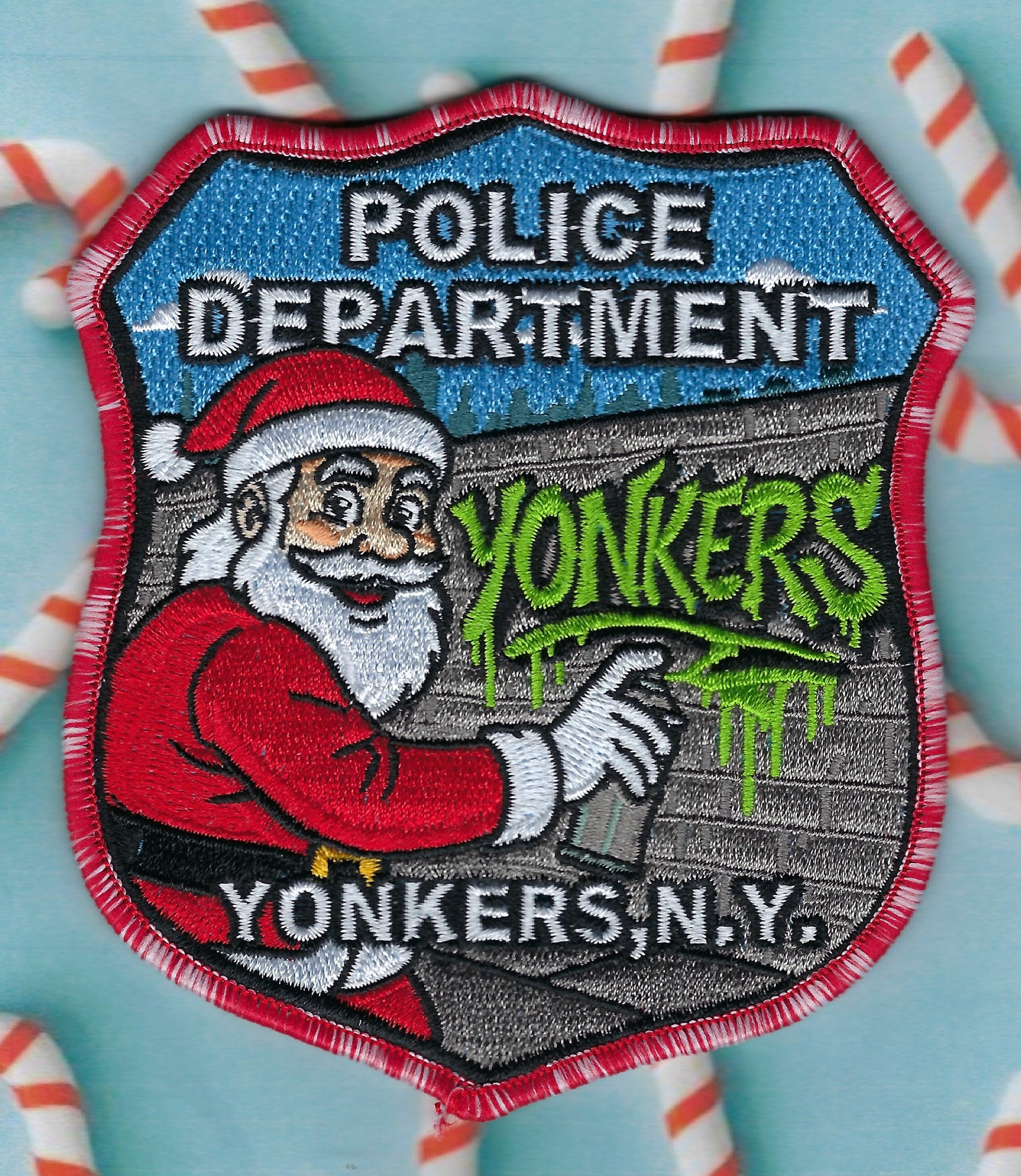 YONKERS, NEW YORK POLICE DEPARTMENT (YPD) 'SANTA CLAUS' CHRISTMA'S EMBROIDERED PATCH DESIGNED AND PRODUCED BY GHOST PATCH ENTERPRISES.